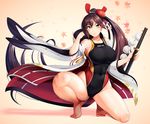  8000 azur_lane bangs breasts brown_hair cleavage closed_mouth coat collarbone commentary_request competition_swimsuit eyebrows_visible_through_hair full_body gradient gradient_background hair_bun hair_ornament hair_ribbon large_breasts long_hair looking_at_viewer one-piece_swimsuit open_clothes open_coat red_ribbon ribbon shiny shiny_hair solo squatting standing swept_bangs swimsuit sword weapon white_coat yellow_eyes zuikaku_(azur_lane) 