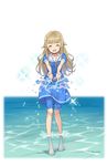  :d barefoot blonde_hair blue_dress closed_eyes dress facing_viewer full_body highres long_hair makaria official_art open_mouth princess_(princess_principal) princess_principal princess_principal_game_of_mission smile sparkle splashing standing transparent_background wading water 