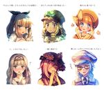  6+girls ? alolan_form alolan_raichu avalugg bangs blaziken blue_eyes blue_hair blunt_bangs blush bow brown_eyes brown_hair brown_hat character_request crown drill_hair earrings face flower fur_trim gen_3_pokemon gen_6_pokemon gen_7_pokemon glasses goggles goggles_on_head gourgeist hair_bow hair_flower hair_ornament hair_over_one_eye hairband hand_up hat jewelry kommo-o long_hair moe_(hamhamham) multiple_girls necktie orange_hair personification pink_hair pokemon ponytail sidelocks sweatdrop translation_request white_hat yellow_eyes 