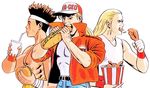  90s andy_bogard baseball_cap black_hair blonde_hair bucket bucket_of_chicken chicken_(food) cup denim disposable_cup drink drinking_straw eating fatal_fury food food_in_mouth fried_chicken hamburger hat headband highres holding holding_food jacket jeans joe_higashi long_hair looking_away male_focus mori_toshiaki multiple_boys neo_geo ninja official_art oldschool open_clothes open_jacket open_mouth orange_jacket pants ponytail popped_collar sandwich shirt shirtless simple_background sleeveless sleeveless_shirt sleeves_rolled_up spiked_hair submarine_sandwich terry_bogard toned toned_male upper_body white_background white_shirt wrist_wrap wristband 