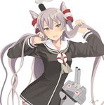 :d amatsukaze_(kantai_collection) artist_name blush cannon commentary_request dress grey_hair hair_tousle hair_tubes hat heart heart_eyes highres kantai_collection lifebuoy light_brown_eyes long_hair long_sleeves mini_hat neckerchief o_o open_mouth rensouhou-kun retorillo sailor_collar sailor_dress short_dress simple_background smile smoke smokestack turret two_side_up upper_body v-shaped_eyebrows very_long_hair white_background 
