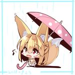  :d animal_ears bangs barefoot beige_coat blush_stickers chibi coat dated eighth_note eyebrows_visible_through_hair fox_ears fox_girl fox_tail hair_between_eyes holding holding_umbrella long_hair long_sleeves looking_away looking_up musical_note open_mouth original pink_umbrella pleated_skirt polka_dot polka_dot_umbrella rain red_eyes sidelocks skirt smile standing tail umbrella very_long_hair white_background white_skirt yuuji_(yukimimi) 