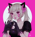  alternate_costume animal_ears artist_logo artist_name black_cat_d.va black_dress black_gloves blonde_hair bow breasts cat_ears closed_mouth commentary d.va_(overwatch) dress facepaint gloves heart heart-shaped_pupils heart_hands looking_at_viewer medium_breasts overwatch pink_background pink_bow pink_eyes pink_lips puffy_short_sleeves puffy_sleeves purple_eyes shari_cote shiny shiny_hair short_sleeves solo symbol-shaped_pupils twintails upper_body whisker_markings 