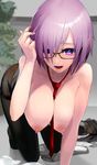  between_breasts black_legwear blush breasts fate/grand_order fate_(series) glasses hair_over_one_eye hanging_breasts highres katakana_(ponzu_to_gomasyabu) large_breasts looking_at_viewer mash_kyrielight necktie necktie_between_breasts nipples open_mouth panties panties_under_pantyhose pantyhose purple_eyes purple_hair red_neckwear shirt short_hair solo topless underwear 