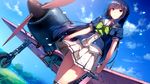  aircraft airplane black_hair day dutch_angle highres hinasaki_you hitotsu_yane_no_tsubasa_no_shita_de jinno_nahoko kneehighs long_hair non-web_source official_art outdoors pleated_skirt red_eyes short_sleeves skirt smile solo standing 