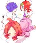  1girl :o ahoge ana_(rznuscrf) andou_ringo bangs barefoot blue_neckwear blush closed_eyes dreaming forehead hair_over_eyes low_twintails necktie open_mouth pajamas pants parted_bangs pillow pink_pajamas pink_pants pink_shirt profile purple_hair puyopuyo red_hair ringlets sasaki_maguro shirt short_sleeves sleeping twintails white_background white_shirt zzz 