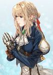  blonde_hair blue_eyes blue_jacket braid brooch closed_mouth eyebrows_visible_through_hair gloves hair_between_eyes hair_ribbon highres jacket jewelry lips long_hair long_sleeves makimura_shunsuke mechanical_arm prosthesis prosthetic_arm prosthetic_hand red_ribbon ribbon simple_background single_glove solo violet_evergarden violet_evergarden_(character) 