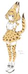  animal_ears arms_behind_back bad_id bad_pixiv_id blonde_hair blush full_body highres kemono_friends konayama_kata serval_(kemono_friends) serval_ears serval_print serval_tail short_hair simple_background sketch smile solo tail thighhighs white_background 