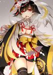  absurdres black_hair black_legwear breasts claws cleavage feathers finger_licking hair_ornament highres itsumade_(onmyoji) japanese_clothes kasahara_udori licking looking_at_viewer medium_breasts monster_girl onmyoji red_eyes solo thighhighs 