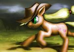  2015 applejack_(mlp) blonde_hair cloud cowboy_hat cute cutie_mark dirt earth_pony equine eyelashes female feral freckles friendship_is_magic full-length_portrait grass green_eyes hair hat hi_res horse mammal motion_blur murskme my_little_pony nude open_mouth outside pony portrait running shadow sky solo teeth 