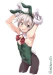  1girl :d alternate_costume animal_ears armpits arms_up blonde_hair breasts brown_legwear bunny_ears bunny_girl bunny_pose bunny_tail bunnysuit covered_navel cowboy_shot detached_collar ebifurya eyebrows_visible_through_hair fake_animal_ears fur_trim gloves green_eyes green_leotard hair_between_eyes highres kantai_collection leotard looking_at_viewer messy_hair open_mouth pantyhose shading_eyes shimushu_(kantai_collection) short_hair small_breasts smile strapless strapless_leotard tail twitter_username white_background white_gloves wrist_cuffs 