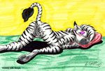  2002 anthro anus ass_up blush breast_rest breasts butt dipstick_ears ek_goya equine female half-closed_eyes hooves looking_at_viewer looking_back lying mammal nude on_front presenting presenting_hindquarters pussy raised_tail simple_background solo stripes tail_tuft tuft underhoof zebra 