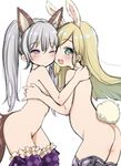  :d animal_ears ass blonde_hair blue_eyes blush bunny_ears bunny_tail commentary elin_(tera) extra_ears eyebrows_visible_through_hair fang highres hug long_hair mojarin_(kihara_mojarin) multiple_girls nude one_eye_closed open_mouth purple_eyes silver_hair simple_background sketch smile tail take_your_pick tera_online thighhighs white_background wolf_ears wolf_tail 
