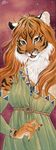  anthro blue_eyes claws clothed clothing dress feline female fur hair long_hair looking_at_viewer mammal nekoart open_mouth smile solo striped_fur stripes tiger whiskers 