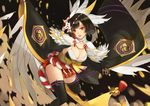  anmaki black_hair black_legwear breasts claws cleavage feathered_wings feathers hair_ornament highres itsumade_(onmyoji) japanese_clothes large_breasts looking_at_viewer monster_girl onmyoji red_eyes solo thighhighs wings 