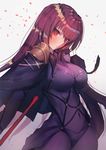  armor bangs bodysuit breasts capelet closed_mouth confetti covered_navel cowboy_shot expressionless eyebrows_visible_through_hair fate/grand_order fate_(series) gae_bolg hair_between_eyes hanato_(seonoaiko) long_hair looking_at_viewer medium_breasts purple_bodysuit purple_capelet purple_hair red_eyes scathach_(fate)_(all) scathach_(fate/grand_order) shadow shiny shiny_hair shoulder_armor solo standing waist_cape white_background 