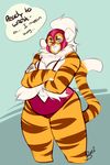  2016 anthro big_breasts breasts buxbi buxbi_(character) clothed clothing crossed_arms dialogue english_text feline fur hair long_hair mammal mask orange_fur signature slightly_chubby solo standing striped_fur stripes text thick_thighs url voluptuous watermark white_hair wide_hips wrestler yellow_eyes 