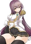  :o aiguillette black_panties breasts buttons commentary_request covered_nipples epaulettes fate/extella_link fate/grand_order fate_(series) gloves hair_intakes highres jacket large_breasts long_hair military_jacket momio panties pantyshot pleated_skirt purple_hair scathach_(fate)_(all) scathach_(fate/grand_order) skirt skirt_lift thighhighs underwear white_background white_gloves 