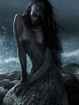  black_hair black_sclera breasts creepy detailed_background female fin_tail grey_skin hair jewelry marine merfolk necklace nipples nude outside partially_submerged portrait rock sea siren sitting solo stargrave water wave white_eyes 