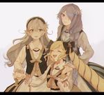  blonde_hair camilla_(fire_emblem_if) closed_eyes dress drill_hair elise_(fire_emblem_if) european_clothes female_my_unit_(fire_emblem_if) fire_emblem fire_emblem_if flower hair_flower hair_ornament hair_over_one_eye highres long_hair looking_at_viewer momosa_(472166143) multiple_girls my_unit_(fire_emblem_if) pointy_ears purple_eyes red_eyes simple_background smile twin_drills 