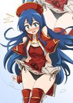 1girl bare_shoulders black_panties blue_eyes blue_hair blush book breasts capelet collarbone commentary_request embarrassed fire_emblem fire_emblem:_fuuin_no_tsurugi gradient gradient_background hat highres lilina long_hair looking_down medium_breasts momio open_mouth panties side-tie_panties simple_background solo sweatdrop thighhighs underwear very_long_hair wind wind_lift zoom_layer 