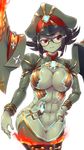  abs black_hair breasts fire giant_hand glasses green_skin large_breasts looking_at_viewer nke_toumi nyuutsu_(xenoblade) short_hair smile solo sword weapon xenoblade_(series) xenoblade_2 