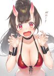  ahoge artist_name bangs bikini black_choker black_hair blush breasts choker claw_pose cleavage collarbone commentary_request crying crying_with_eyes_open embarrassed eyebrows_visible_through_hair fangs fingernails front-tie_bikini front-tie_top gao gradient gradient_background horns large_breasts long_hair looking_at_viewer navel oni oni_horns open_mouth original ponytail red_bikini red_eyes sharp_fingernails shouting solo swimsuit tareme tears tokki upper_body 