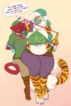  2017 4_toes 5_fingers anthro big_breasts bound breasts breath_of_the_wild buxbi buxbi_(character) clothed clothing cosplay dialogue duo english_text feline female fur gerudo_outfit hair hands_behind_back larger_female link long_hair male male/female mammal midriff navel nintendo orange_fur red_fur shaw_(character) signature simple_background size_difference slightly_chubby smaller_male striped_fur stripes text the_legend_of_zelda thick_thighs tiger toes video_games voluptuous wide_hips yellow_eyes 