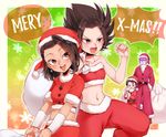  2boys 2girls :d adapted_costume alien alternate_costume alternate_hairstyle arm_warmers bare_arms bare_shoulders belt belt_buckle black_belt black_hair blush breasts brown_eyes buckle buttons caulifla christmas collarbone crop_top dated dragon_ball dragon_ball_super earrings ears_visible_through_hair engrish eyebrows eyebrows_visible_through_hair eyelashes eyes_visible_through_hair fake_beard fake_facial_hair fang fur_collar fur_trim grey_eyes hair_down hair_intakes hat head_tilt hit_(dragon_ball) holding holding_sack jewelry kale_(dragon_ball) kyabe legs_apart lips looking_at_another meiousei_(mamea) merry_christmas multiple_boys multiple_girls navel open_mouth over_shoulder pants pom_pom_(clothes) purple_skin ranguage red_hat red_pants red_shirt sack santa_costume santa_hat shirt short_hair short_sleeves single_hair_intake small_breasts smile snowflake_background snowflake_earrings snowflakes speech_bubble spiked_hair standing stomach strapless teeth tubetop twitter_username typo v-shaped_eyebrows 