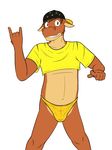  anthro bovine bulge cattle clothed clothing crop_top dancing fuze hat hook_em_horns male mammal shirt simple_background texnatsu thong ty_(fuze) ty_conrad underwear white_background 