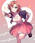  blue_eyes breasts cleavage cleavage_cutout commentary_request ecru heart_cutout looking_at_viewer medium_breasts nora_valkyrie one_eye_closed orange_hair rwby solo sparkle standing standing_on_one_leg twitter_username 
