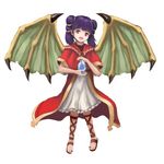  dragon_girl dragon_wings fire_emblem fire_emblem:_seima_no_kouseki gem green_wings highres holding looking_at_viewer mamkute multi-tied_hair myrrh purple_hair red_eyes sandals simple_background smile solo tsukasa_(tukasa_nn) twintails white_background wings 