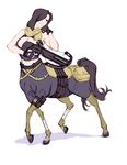  2017 belt_pouch black_hair breasts centaur cleavage clothed clothing crossbow equine equine_taur female gloves hair hooves mammal materclaws pouch ranged_weapon scarf simple_background smile solo taur weapon 