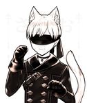  :3 animal_ears black_gloves blindfold cat_ears cat_tail catboy choker commentary cowfee double-breasted english extra_ears facing_viewer gloves kemonomimi_mode male_focus monochrome nier_(series) nier_automata paw_pose sepia simple_background solo tail upper_body watermark white_background white_hair yorha_no._9_type_s 