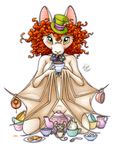  2018 alice_in_wonderland ambiguous_gender anthro beverage blush bow_tie convenient_censorship cookie cup dormouse female food fur green_eyes grey_fur hair hat mad_hatter mammal membranous_wings michele_light nude plate red_hair rodent simple_background spoon sugar_cube tan_fur tea tea_cup teapot top_hat white_background wings 