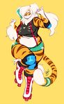 2017 5_fingers anthro big_breasts breasts buxbi buxbi_(character) clothed clothing elbow_pads feline fur hair knee_pads looking_at_viewer mammal midriff orange_fur pigtails rollerskates signature simple_background slightly_chubby solo standing striped_fur stripes suspenders thick_thighs tiger url voluptuous watermark wide_hips 