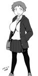  bag between_breasts bookbag breasts collared_shirt dated greyscale jacket large_breasts looking_at_viewer monochrome original pantyhose shirt short_hair signature simple_background skirt smile solo strap_cleavage sweater_vest thighhighs tsukudani_(coke-buta) white_background 