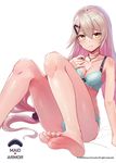  3: artist_name bangs bare_legs barefoot blush bra breasts closed_mouth collarbone commentary_request eyebrows_visible_through_hair feet girls_frontline green_bra green_panties grey_hair hair_between_eyes hair_ornament hairclip jewelry long_hair looking_at_viewer mg4_(girls_frontline) necklace panties ranyu shiny shiny_skin simple_background sitting small_breasts soles solo toes underwear white_background yellow_eyes 