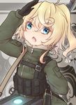  ammunition_pouch aqua_eyes arm_behind_back black_gloves blonde_hair chestnut_mouth commentary_request coreytaiyo eyebrows_visible_through_hair fang firearm fur gloves gun long_sleeves looking_at_viewer military_jacket pocket pouch salute solo strap tanya_degurechaff turtleneck vest weapon youjo_senki zipper 