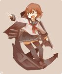 anchor anchor_symbol armor artist_name black_legwear blue_sailor_collar blush brown_hair collarbone commentary eyebrows_visible_through_hair fang full_body hair_between_eyes hair_ornament hairclip ikazuchi_(kantai_collection) ina_(1813576) kantai_collection loafers long_sleeves machinery neckerchief open_mouth pleated_skirt pointing red_neckwear rigging sailor_collar school_uniform serafuku shoes short_hair simple_background skirt smile solo thighhighs torpedo torpedo_tubes v-shaped_eyebrows weapon 