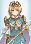  armor blood blue_eyes fire_emblem fire_emblem_heroes fjorm_(fire_emblem_heroes) holding holding_weapon looking_at_viewer pauldrons simple_background smile solo tsukasa_(tukasa_nn) weapon 