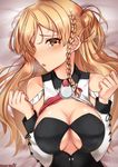  bare_shoulders blonde_hair braid breasts breath cleavage_cutout corset french_braid highres kantai_collection large_breasts lips long_hair lying remodel_(kantai_collection) sazamiso_rx shirt solo tears twitter_username white_shirt zara_(kantai_collection) 