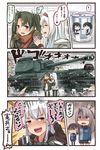  5girls ^_^ ^o^ akagi_(kantai_collection) alternate_costume black_legwear black_skirt blush brown_eyes brown_gloves brown_hair caterpillar_tracks closed_eyes comic commentary_request drunk employee_uniform gangut_(kantai_collection) gloves green_eyes green_hair ground_vehicle hachimaki hair_between_eyes headband high_ponytail highres ido_(teketeke) is-2 kaga_(kantai_collection) kantai_collection koureisha_mark lawson light_brown_hair long_hair long_sleeves md5_mismatch military military_vehicle motor_vehicle multiple_girls no_hat no_headwear open_mouth pantyhose pleated_skirt red_eyes red_headband revision scar shaded_face short_hair shoukaku_(kantai_collection) side_ponytail skirt smile speech_bubble tank thighhighs translated twintails uniform white_hair zuihou_(kantai_collection) zuikaku_(kantai_collection) 