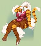  2017 4_toes 5_fingers anthro big_breasts breasts buxbi buxbi_(character) cleavage clothed clothing feline fur hair legwear long_hair mammal orange_fur pantyhose rubber signature simple_background sitting slightly_chubby solo striped_fur stripes thick_thighs tiger toes torn_pantyhose url voluptuous watermark white_hair wide_hips 