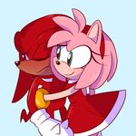  amy_rose anthro black_nose clothing dress duo echidna female green_eyes hair hairband hedgehog hi_res hug knuckles_the_echidna male mammal monotreme pink_hair purple_eyes short_hair simple_background smile sonic_(series) sp-rings video_games 