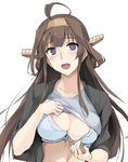  ahoge alternate_costume black_jacket blue_bra blush bra breasts brown_hair cleavage commentary grey_shirt hairband it's_ok_to_touch jacket jewelry kantai_collection kongou_(kantai_collection) large_breasts lifted_by_self long_hair looking_at_viewer ring shirt shirt_lift simple_background solo underwear upper_body wedding_band white_background zekkyon 