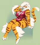  2017 4_toes 5_fingers anthro big_breasts breasts buxbi buxbi_(character) cleavage clothed clothing feline fur hair long_hair mammal orange_fur rubber signature simple_background sitting slightly_chubby solo striped_fur stripes thick_thighs tiger toes url voluptuous watermark white_hair wide_hips 