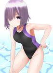  30-06 adjusting_clothes adjusting_swimsuit black_swimsuit competition_swimsuit cowboy_shot fate/grand_order fate_(series) hair_over_one_eye hand_on_own_knee highres leaning_forward looking_at_viewer mash_kyrielight one-piece_swimsuit purple_eyes purple_hair short_hair solo swimsuit water 