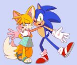  anthro black_nose blue_eyes blush canine clothed clothing crossdressing dipstick_tail duo footwear fox fur girly gloves green_eyes half-closed_eyes hedgehog hi_res male mammal miles_prower multicolored_tail sandals smile sonic_(series) sonic_the_hedgehog sp-rings toes video_games white_fur yellow_fur 