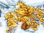  2017 absurd_res anthro biceps butt digital_media_(artwork) feline fur hi_res kemono male mammal muscular muscular_male scar simple_background tiger tupidwithouts winter 